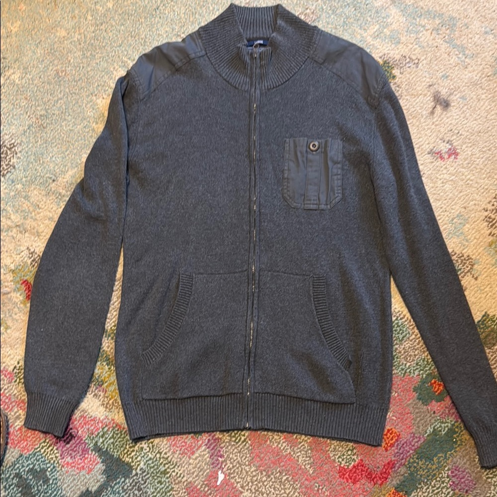 American Rag Gray and Black Zip Up Sweater with Crew Neck